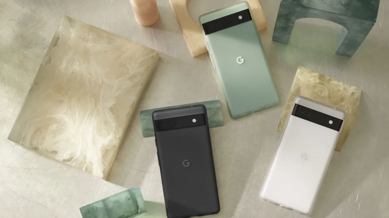 Three Google Pixel 6a phones displayed