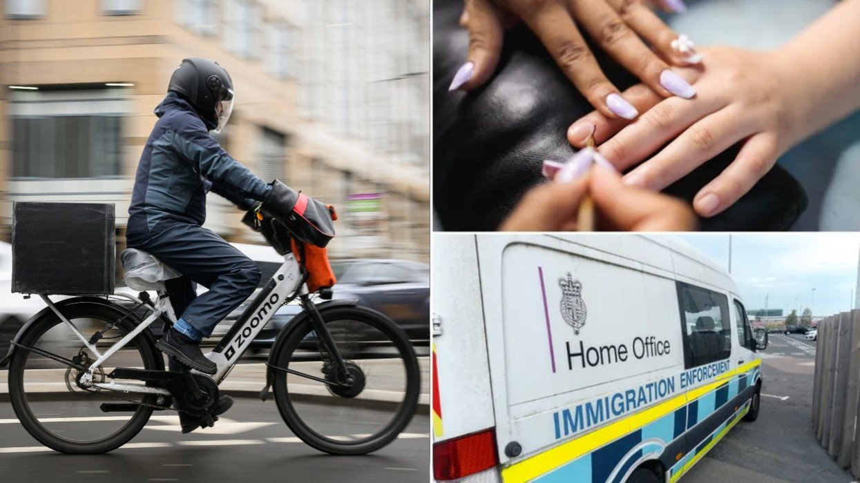 Three image collage including Deliveroo rider, immigration enforcement badge and nail salon