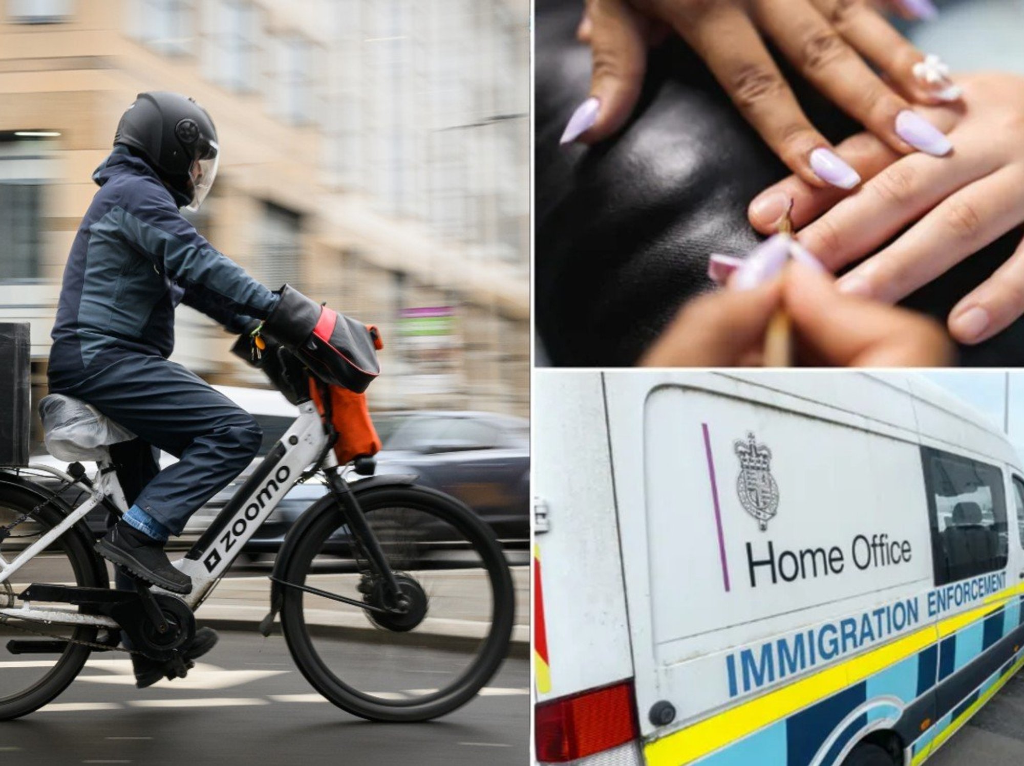 Three image collage including Deliveroo rider, immigration enforcement badge and nail salon