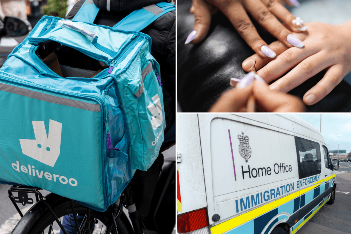 Three image collage including Deliveroo rider, immigration enforcement badge and nail salon