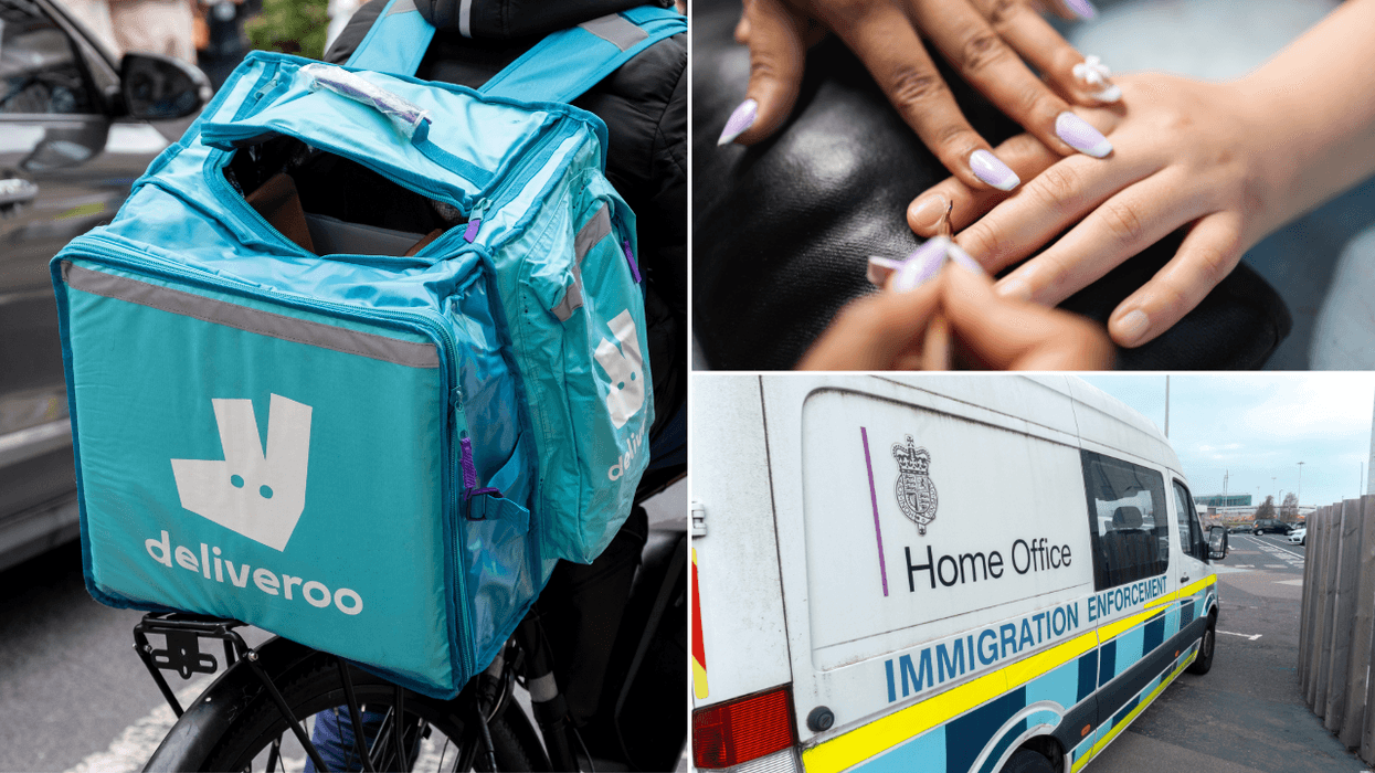 Three image collage including Deliveroo rider, immigration enforcement badge and nail salon
