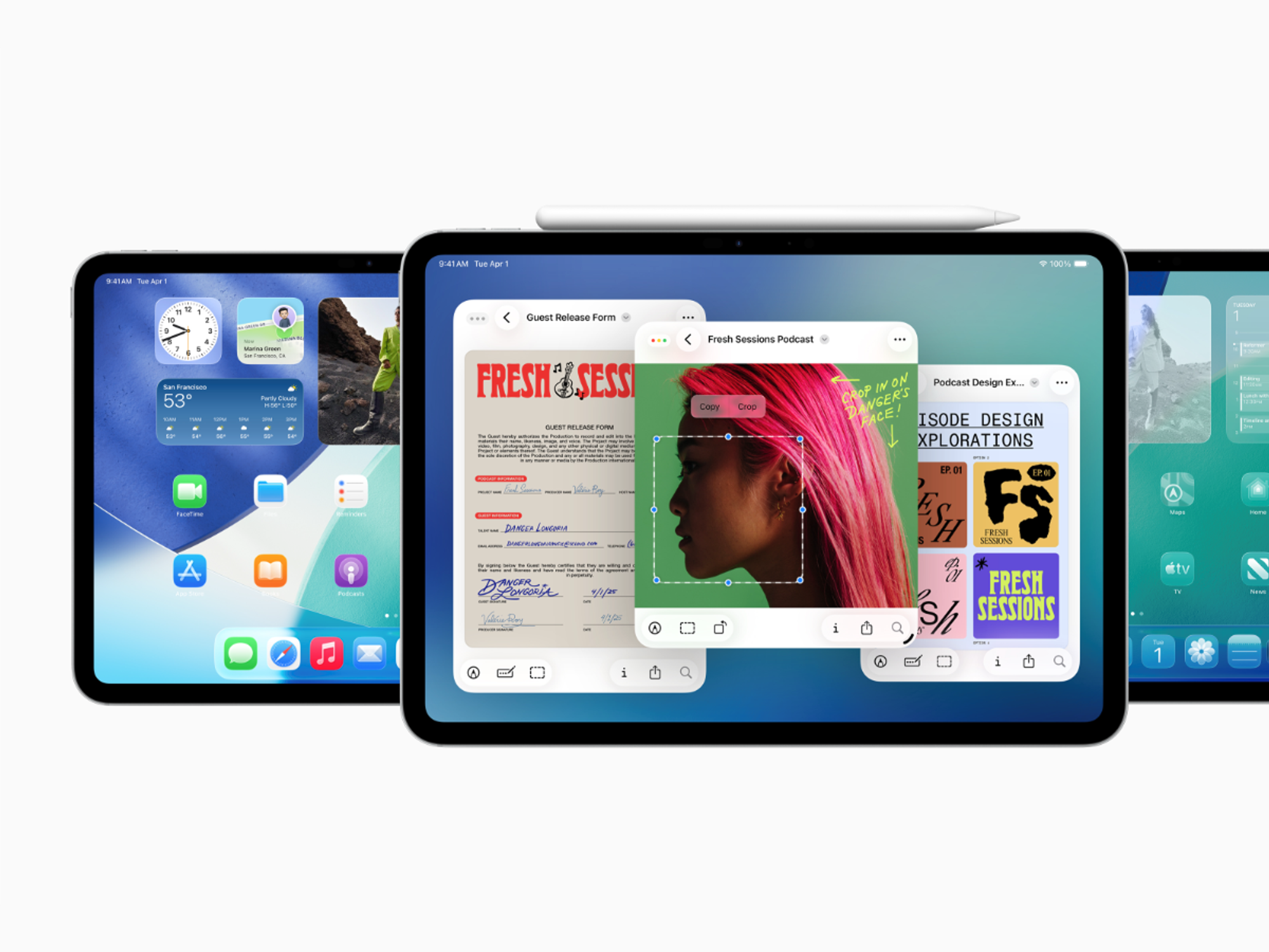 three ipad models pictured running the new ipadOS design