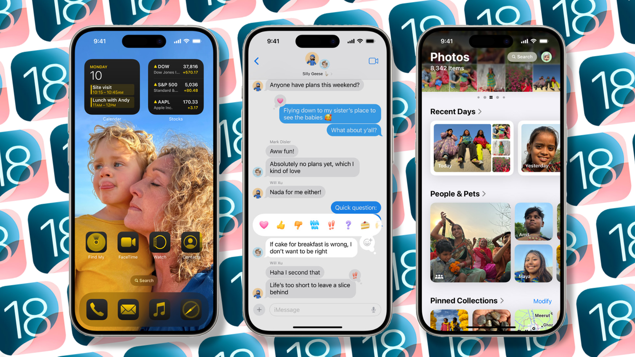 three iphone pictured side by side showing off the new iOS 18 features with the iOS logo in the background