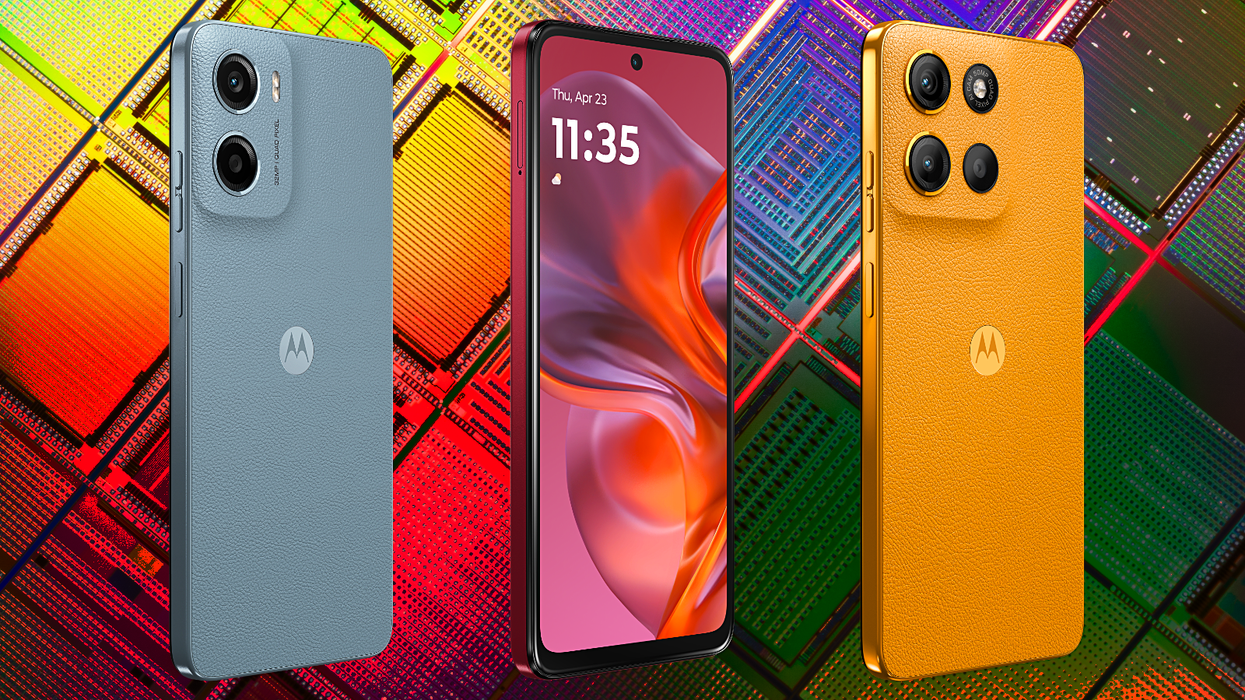 three motorola phones, the moto e15, moto g05, and moto g15, with a stylised photo of a circuitboard in the background