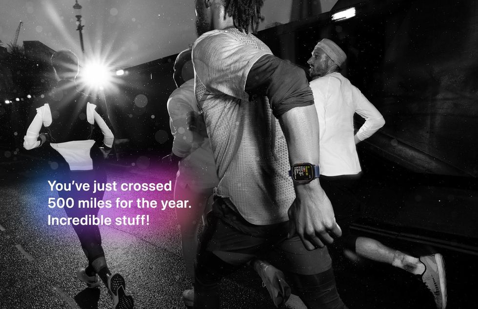 three people running with an apple watch and an overlay showing an example of the type of insight you'll receive from workout buddy