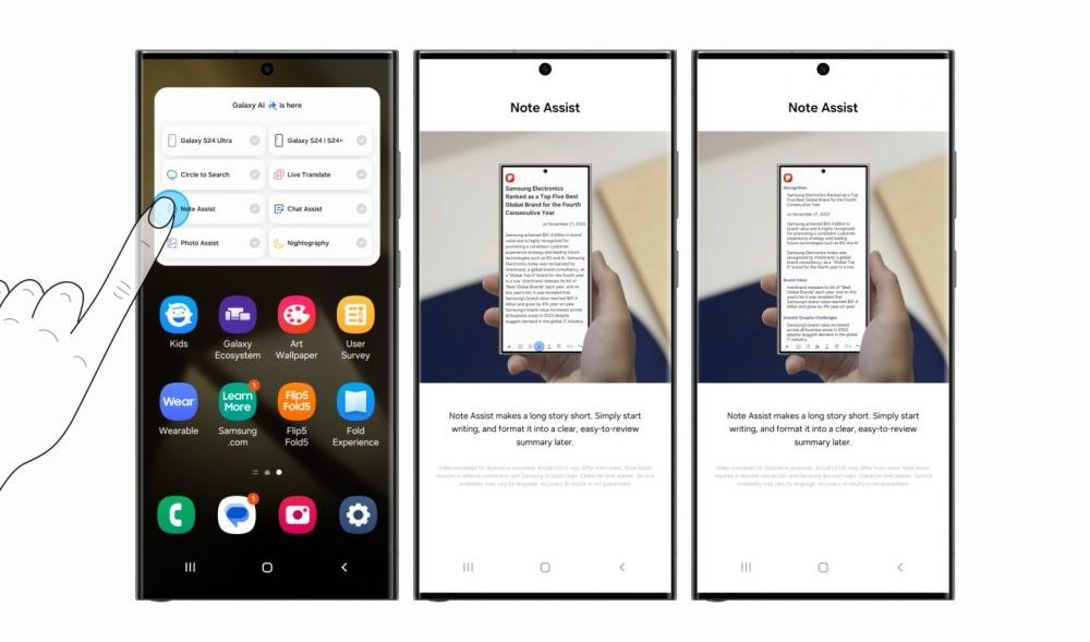 three screenshots from a samsung phone showing the note assist demo in action