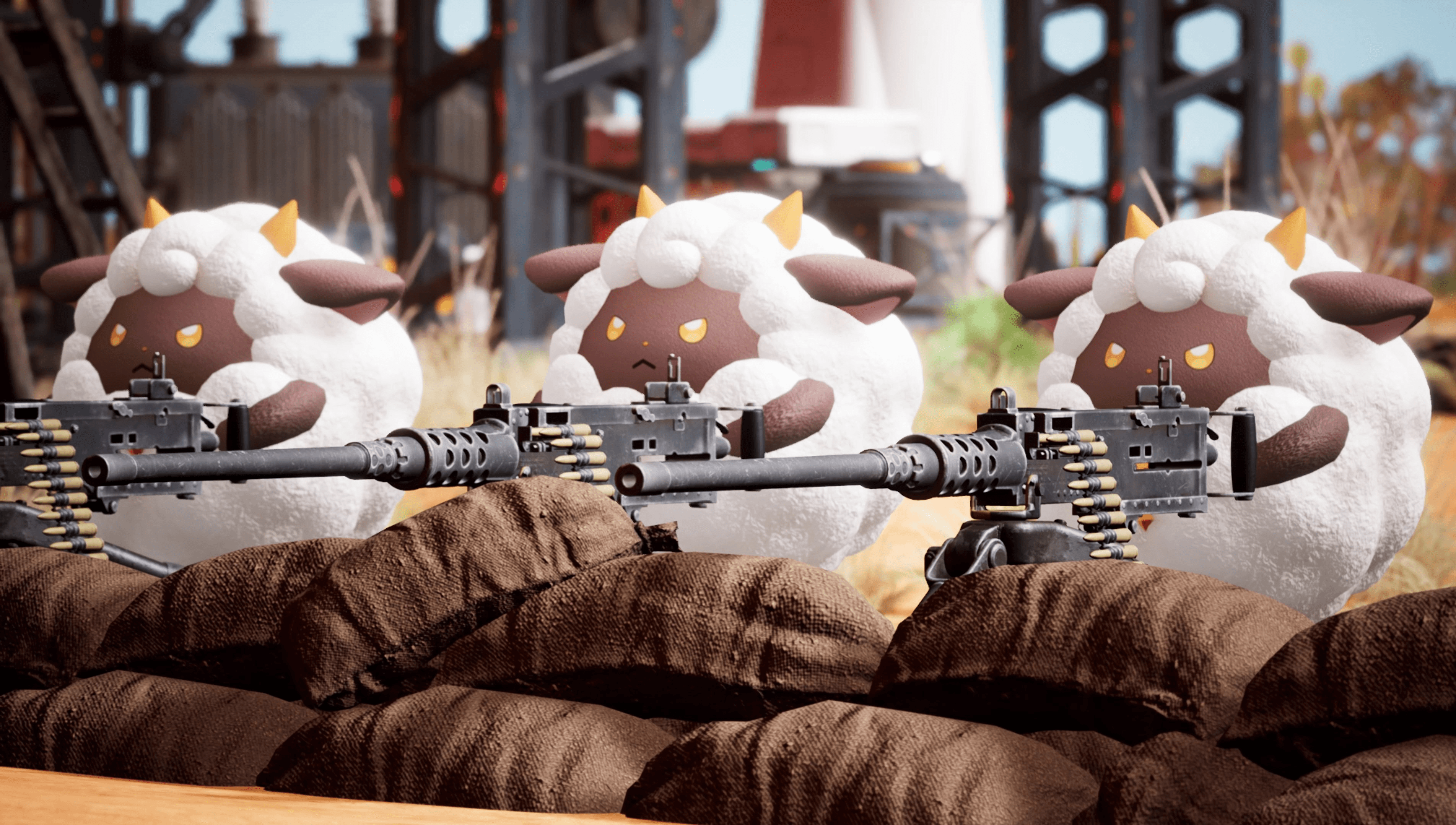 three sheep like creatures are pictured with machine guns firing in the Palworld game