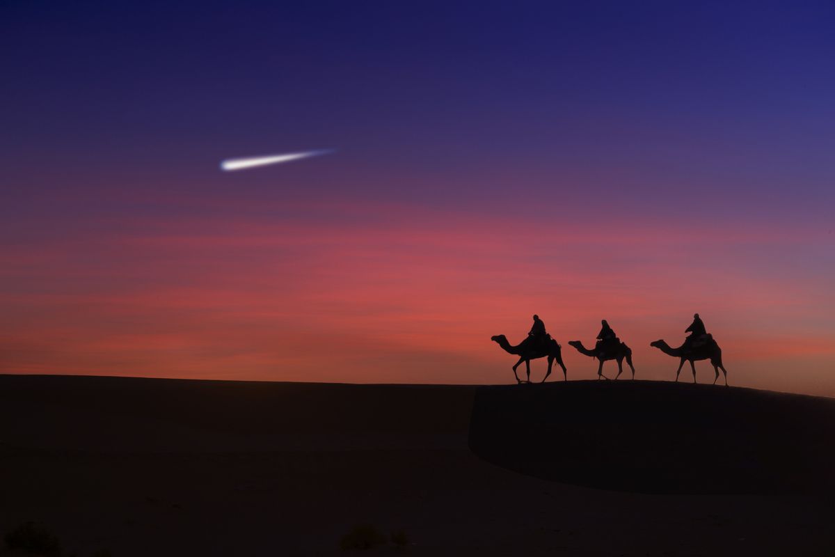 Three wise men following the Star of Bethlehem