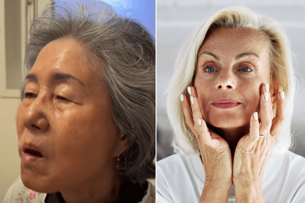 TikTok/@yurileeeee's grandmother; Blonde woman looking in the mirror