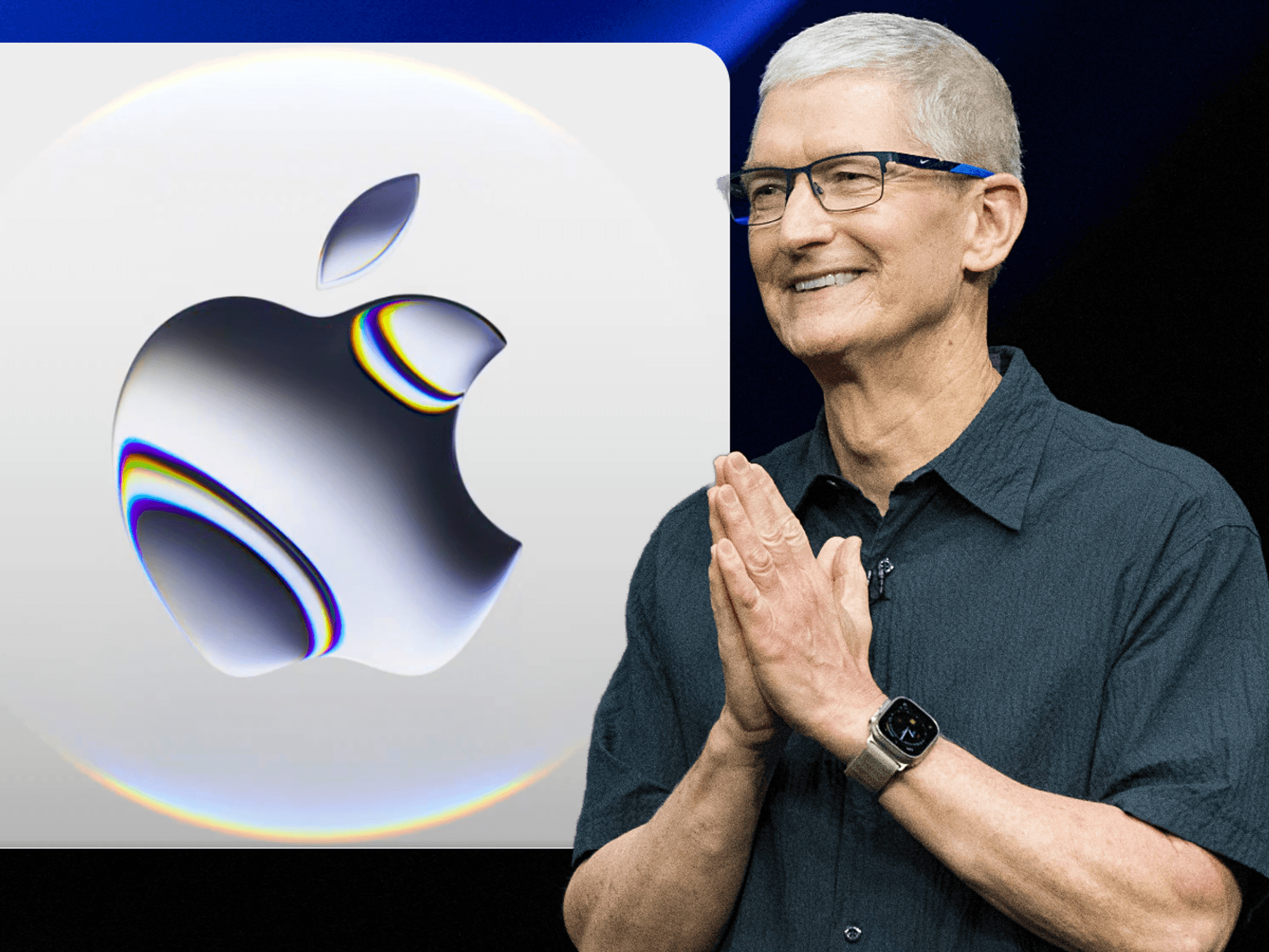 tim cook on-stage during an iPhone launch event with an inset of the teaser image shared on X ahead of the iPhone SE launch