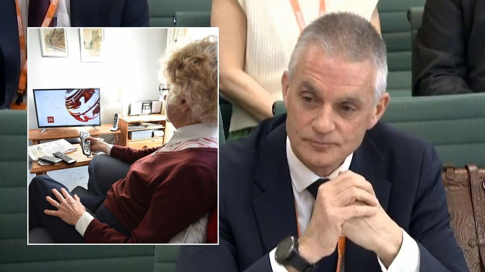 Tim Davie speaking to MPs and pensioner watching BBC News