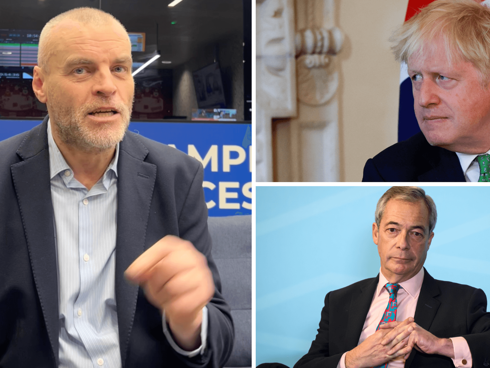 Tim Montgomerie (left), Boris Johnson (top right), Nigel Farage (bottom right)