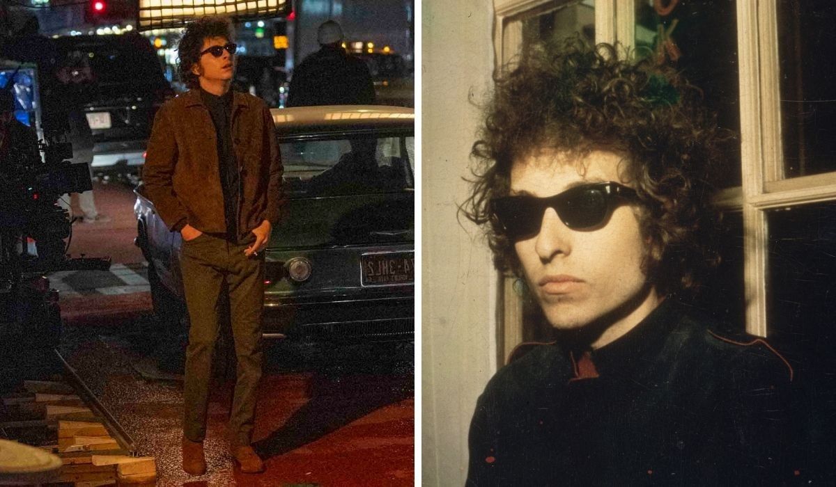 Timothee Chalamet as Bob Dylan and Bob Dylan