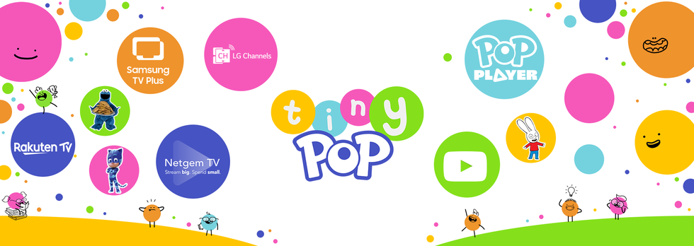 tiny pop logo with icons and logos of the biggest shows and platforms used by the channel