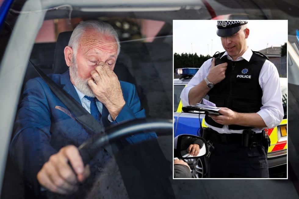 Tired elderly driver in a car and a police officer