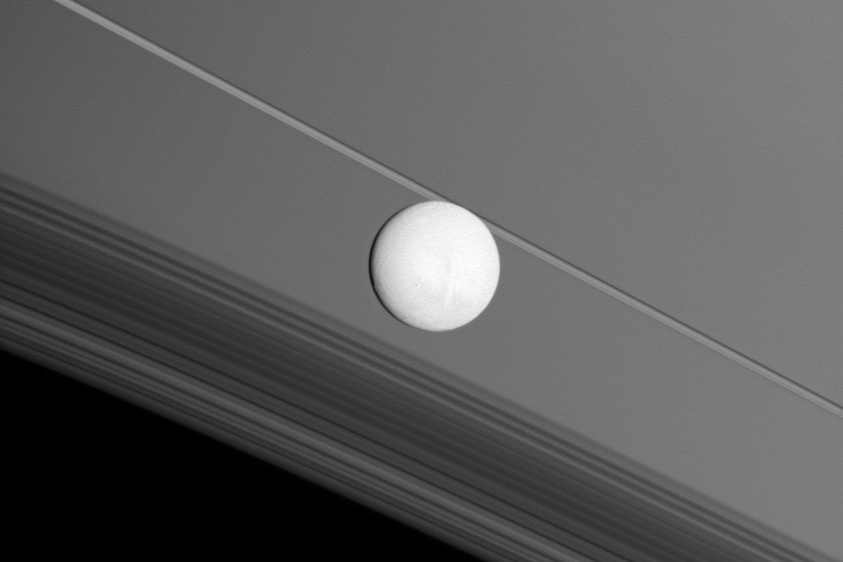 Titan in front of Saturn