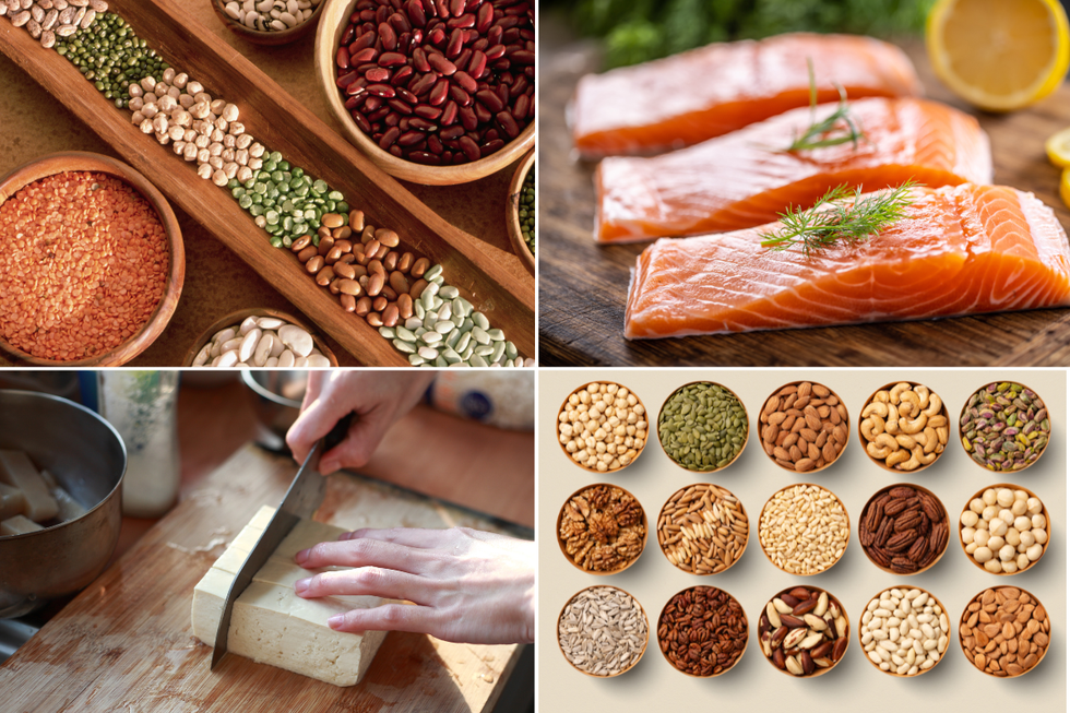 Tofu, legumes; salmon, nuts