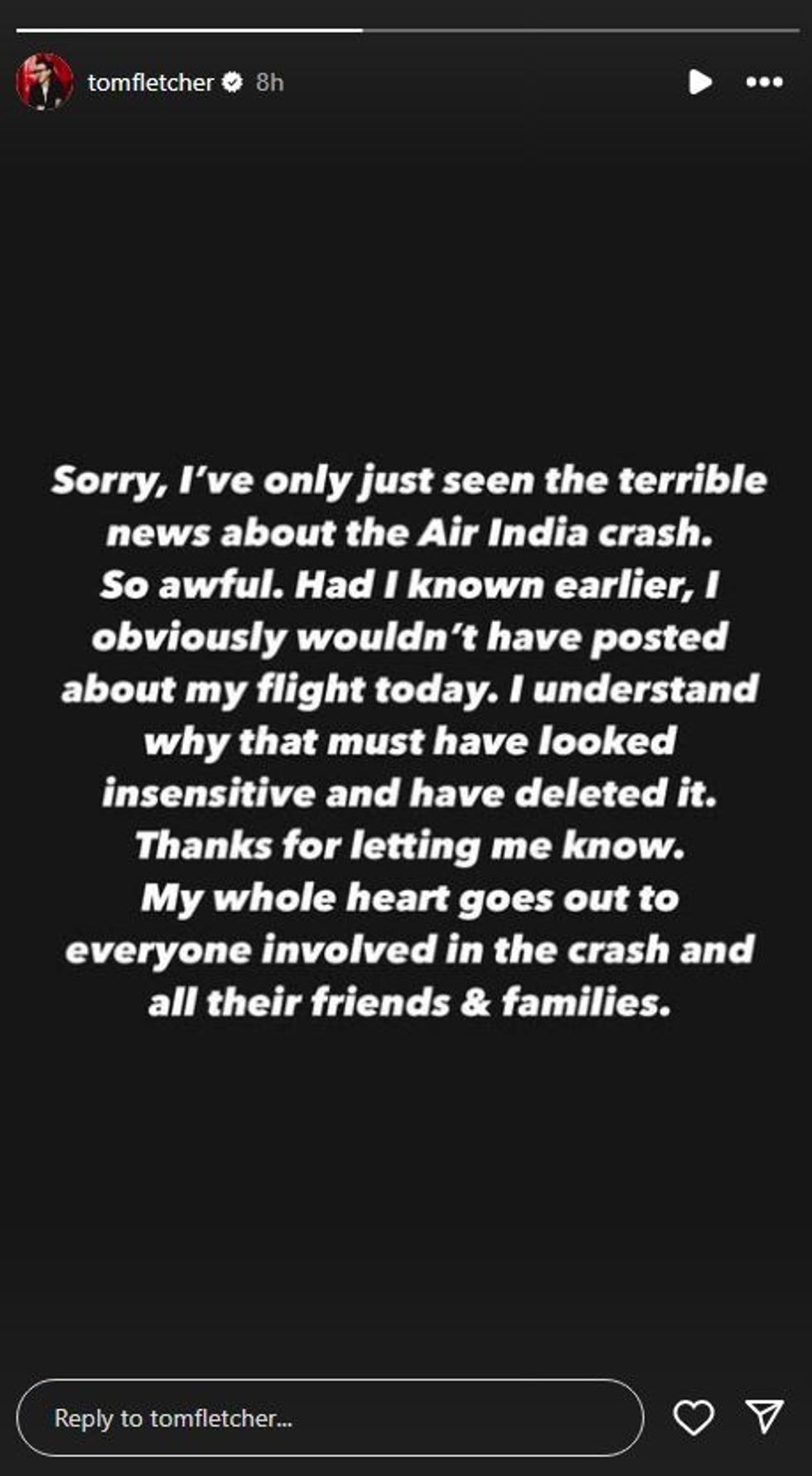 Tom Fletcher apologised