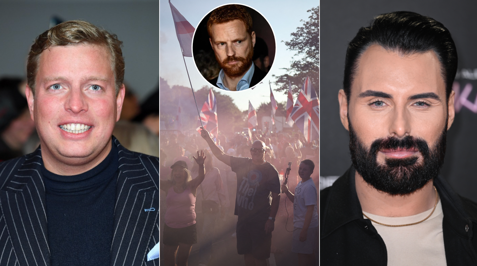 Tom Skinner (left), Epping protest (middle), Rylan Clark (right)