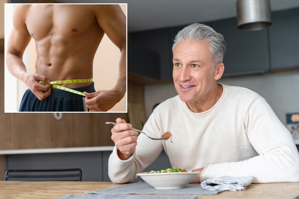 Toned man measuring waist / Man eating