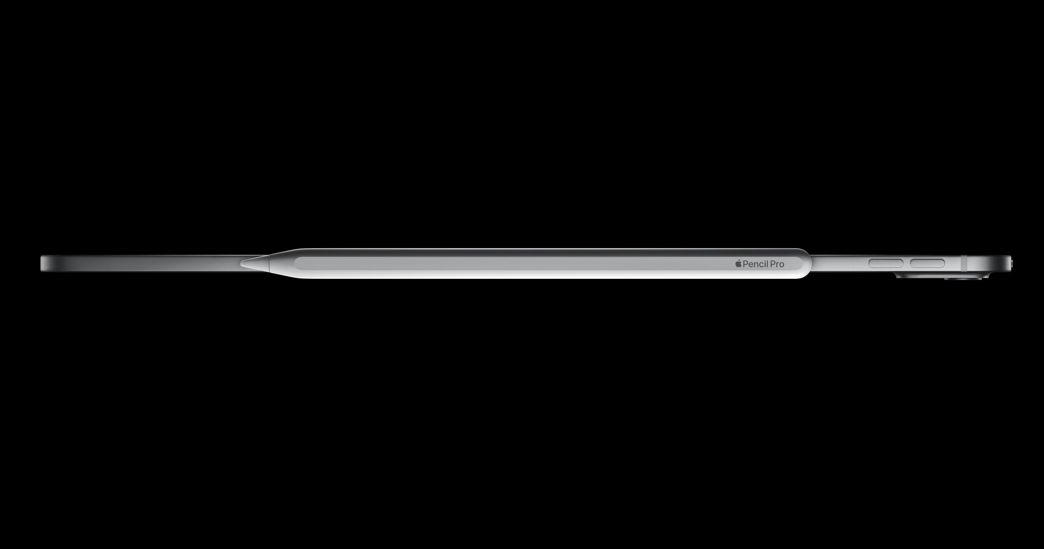top down view of the ipad pro with the apple pencil pro snapped to the side and charging