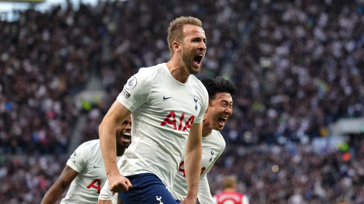 Tottenham Hotspur's Harry Kane celebrates scoring their side's first goal of the game during the Premier League match at Tottenham Hotspur Stadium