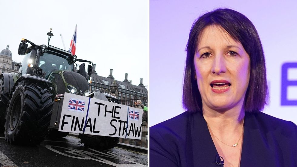 Tractor at farmer protest and Rachel Reeves