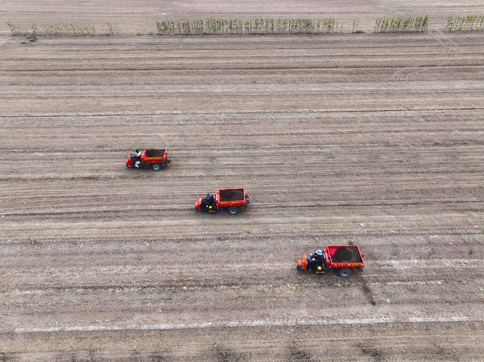 Tractors fertilising fields