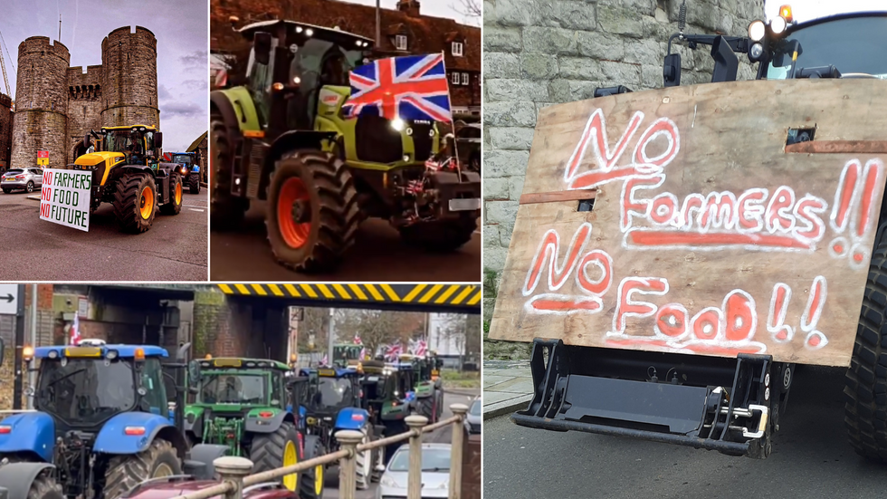 Tractors with slogans, flags and convoy