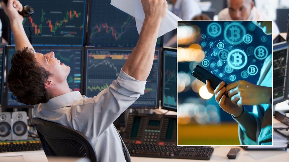 Trader looking happy and Bitcoin sign