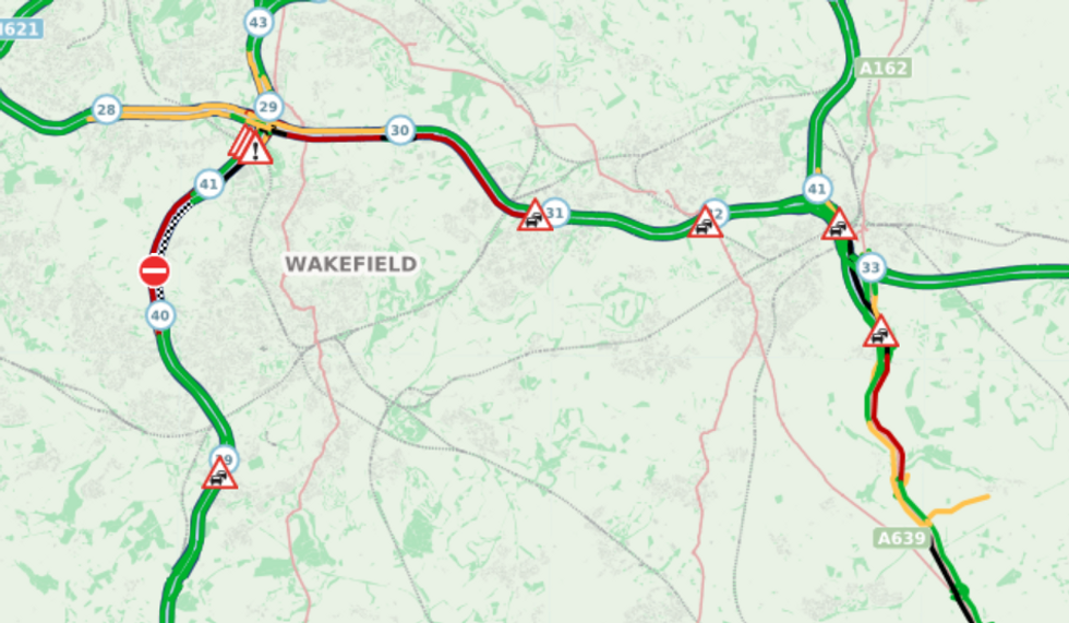 Traffic around the M1 near Wakefield
