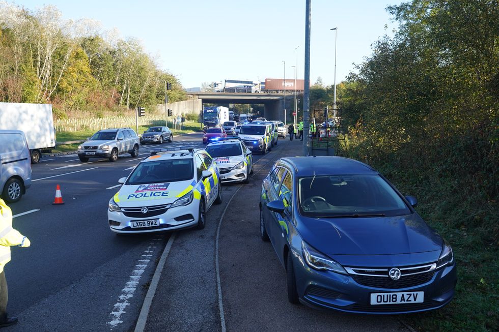 Traffic builds up at an Insulate Britain roadblock near to the South Mimms roundabout at the junction of the M25 and A1. Picture date: Tuesday November 2, 2021.