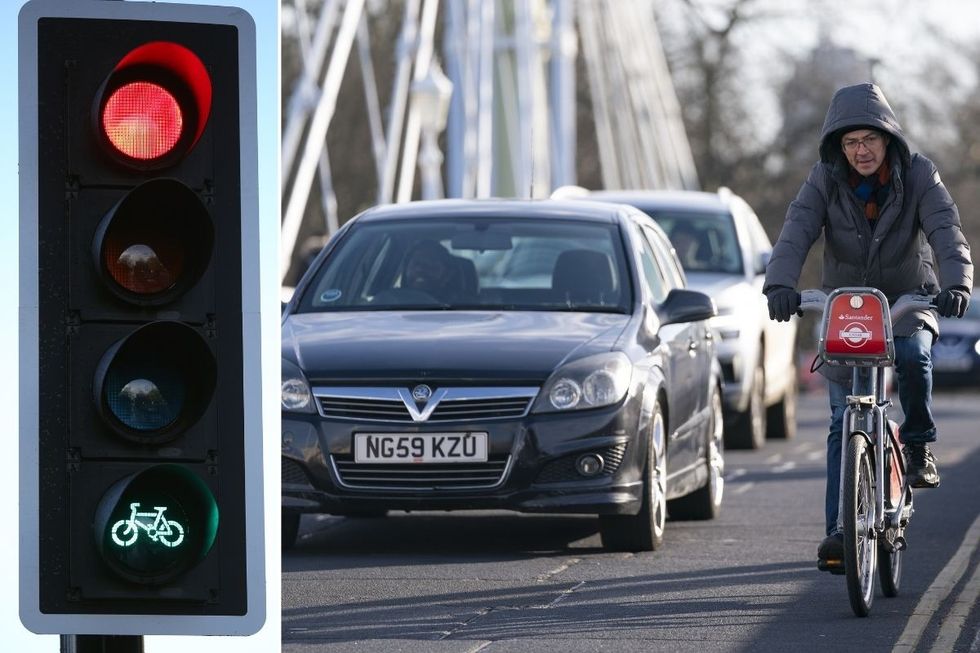 Traffic light and cyclist in traffic