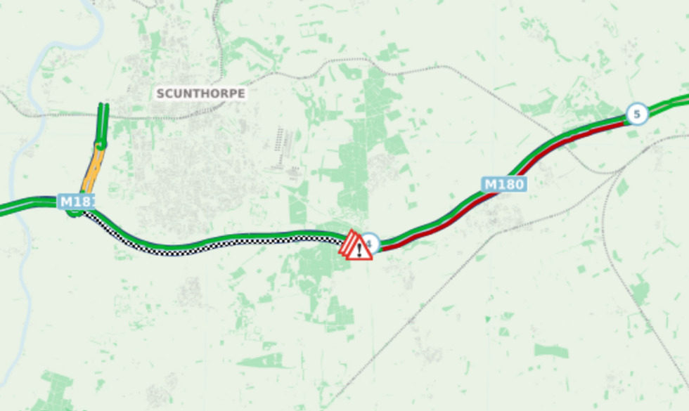 Traffic map showing congestion on the M180 in Lincolnshire