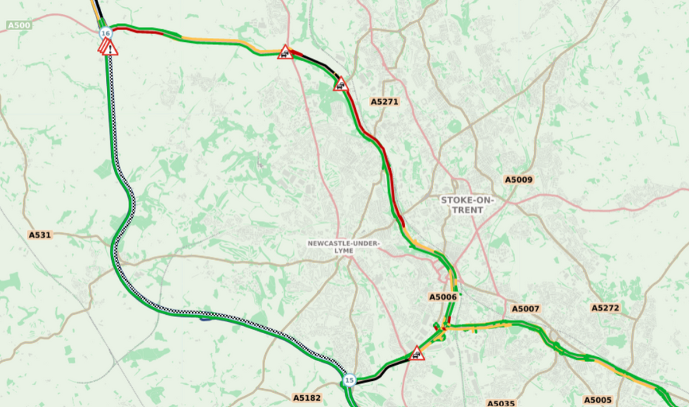 Traffic map showing the closed M6 in Staffordshire