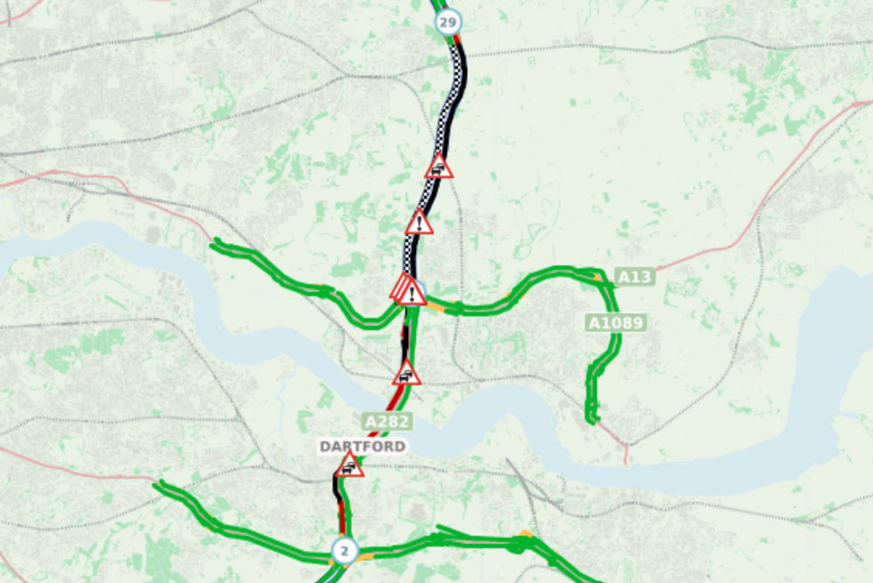 Traffic maps show long delays and road chaos as a result of the fire near the Dartford Tunnel
