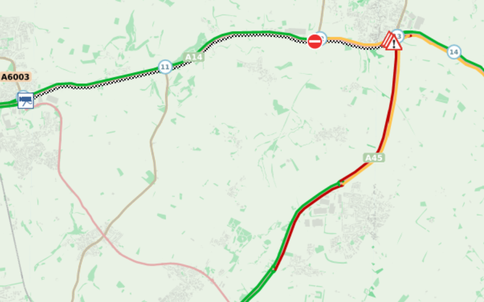Traffic maps show long delays on the A14 and surrounding roads \u200b
