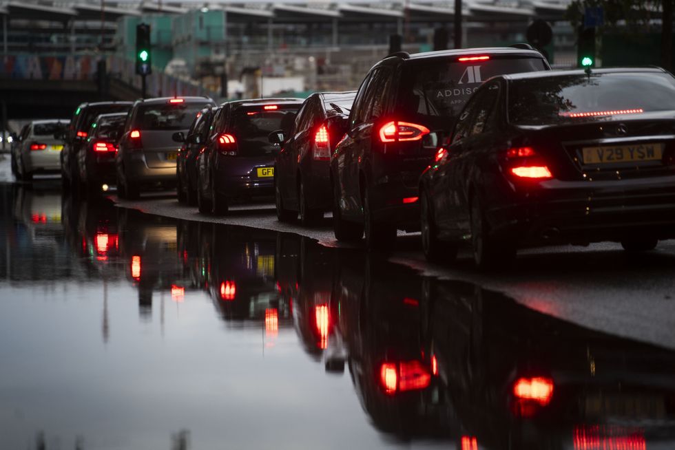 Traffic queuing on the Embankment in central London.