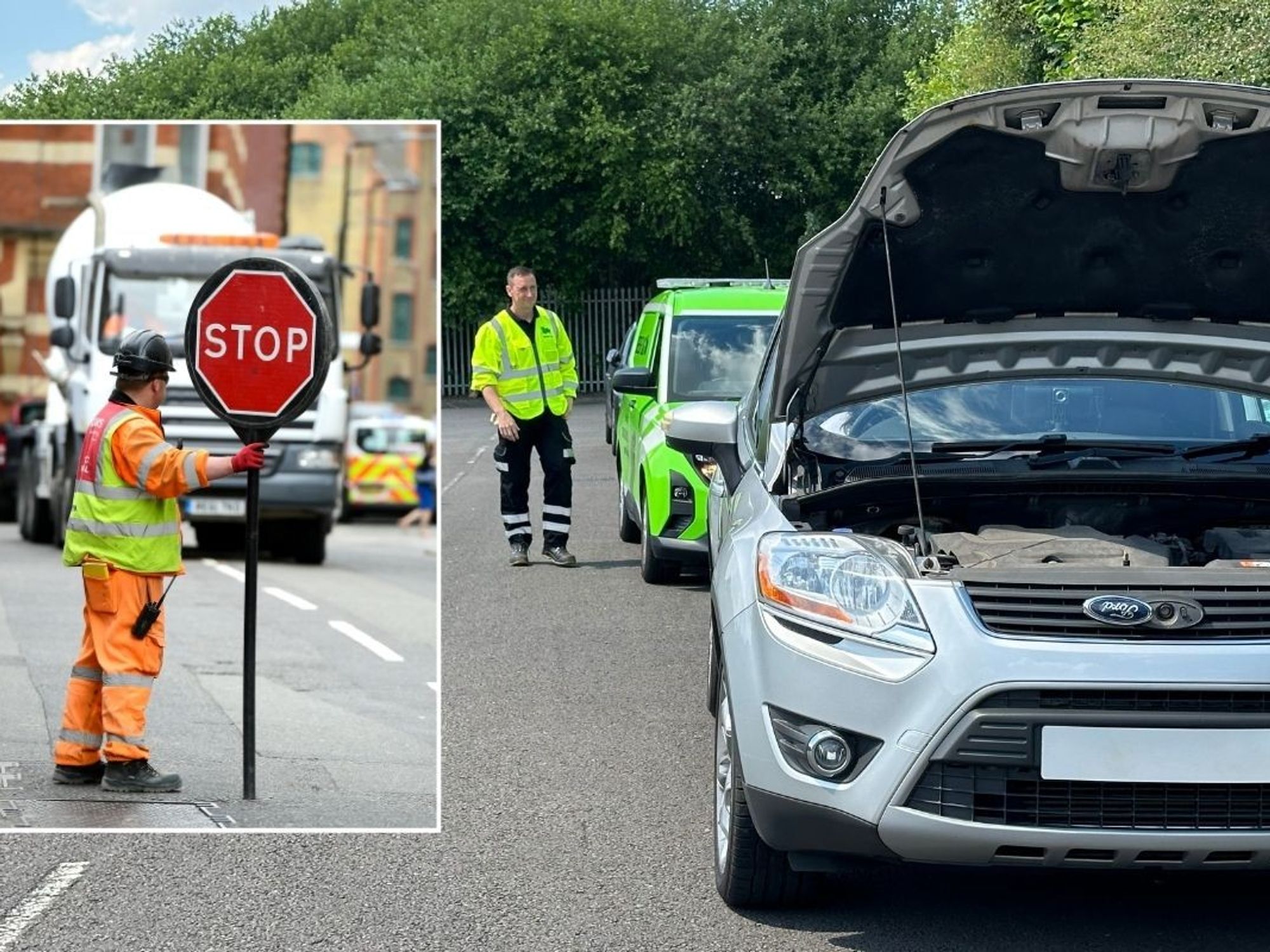 Traffic stop sign and a broken down vehicle