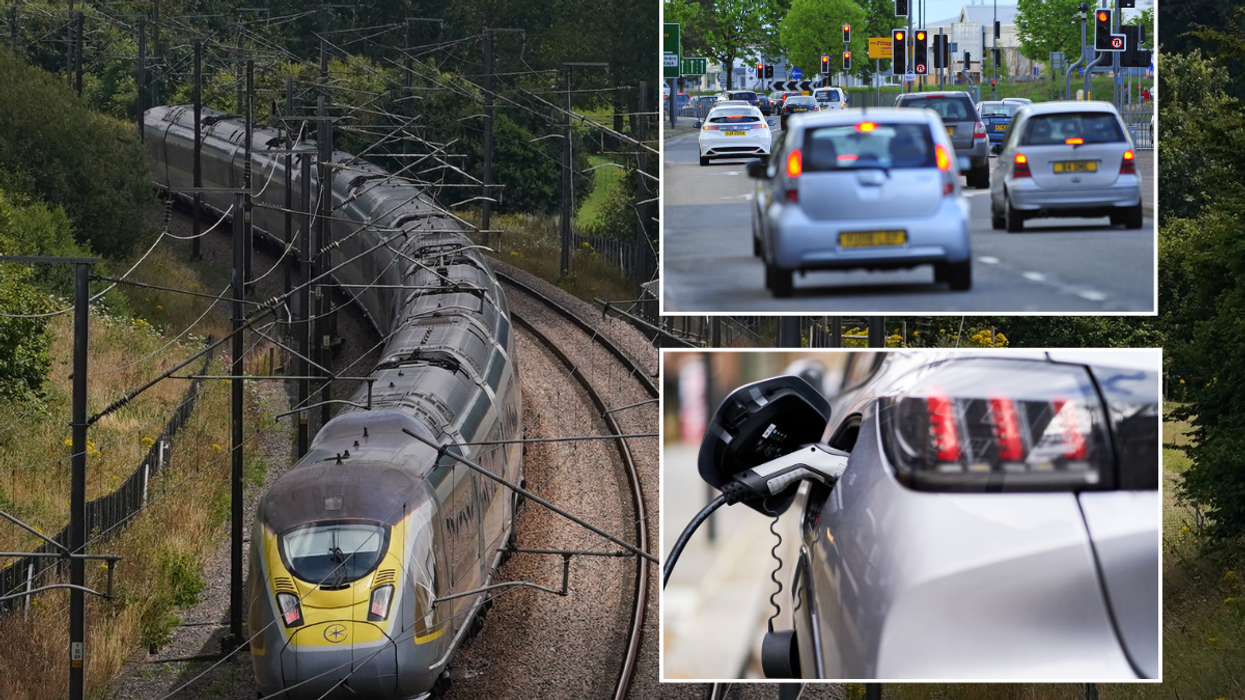 Train driving, cars driving and an electric vehicle charging