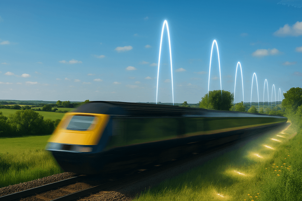 train on the railway lines in the UK with mobile signal around it