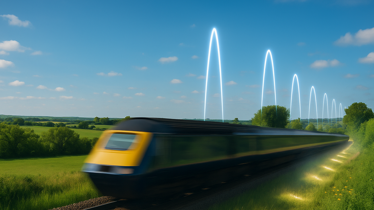 train on the railway lines in the UK with mobile signal around it