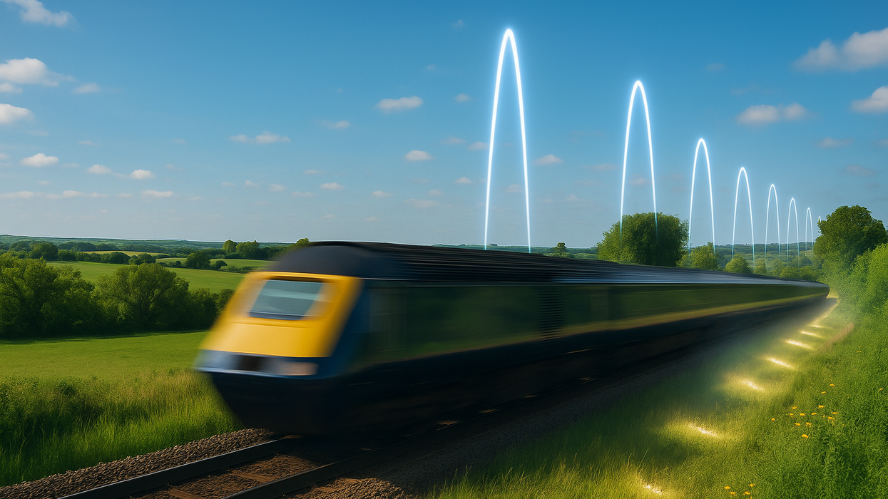 train on the railway lines in the UK with mobile signal around it