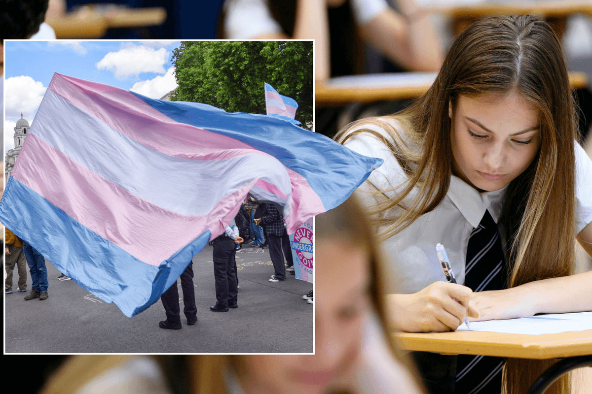 Trans flag at London protest; Secondary school girl (Stock)