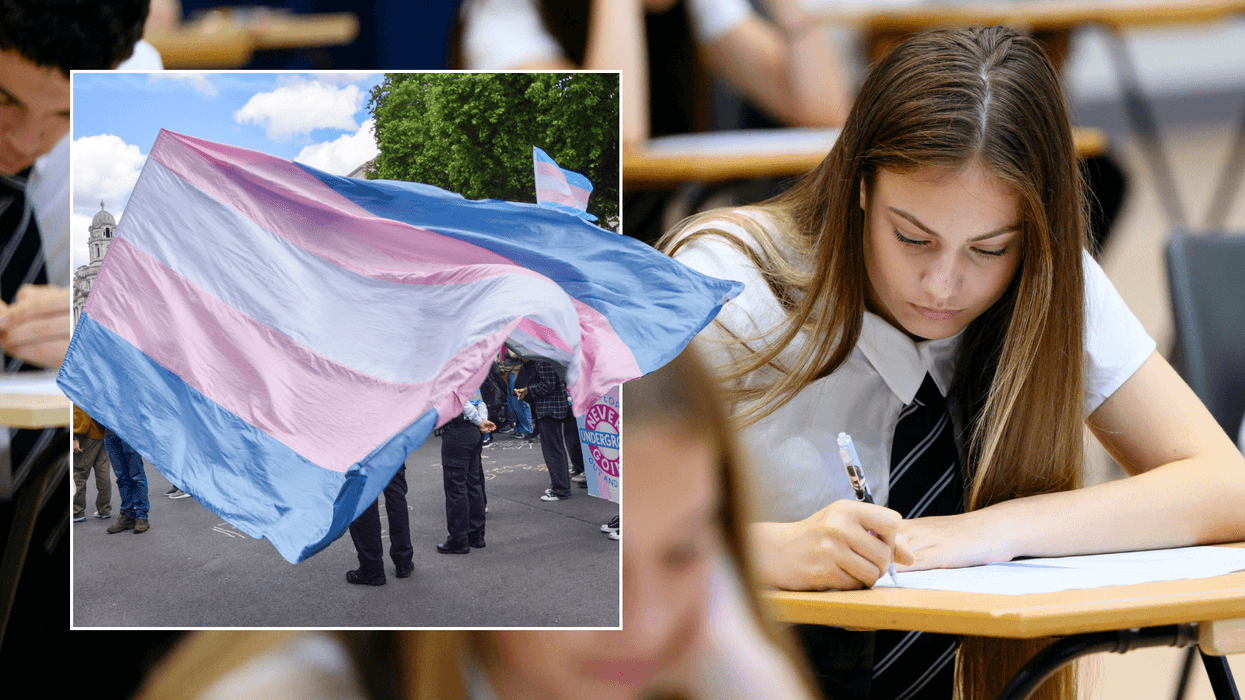 Trans flag at London protest; Secondary school girl (Stock)