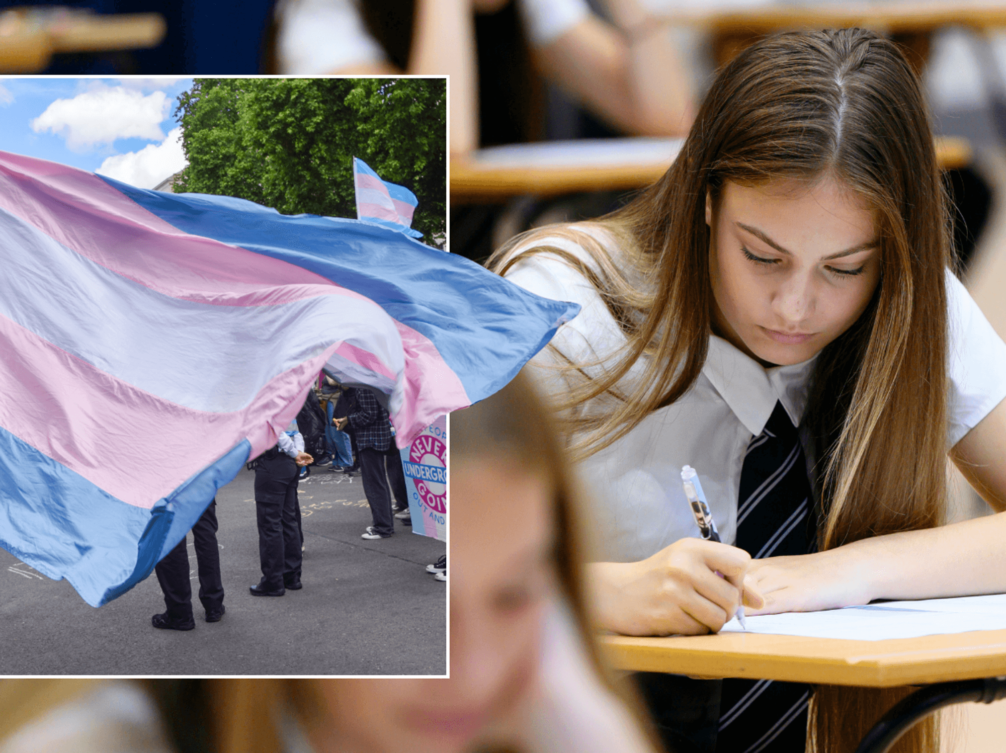 Trans flag at London protest; Secondary school girl (Stock)