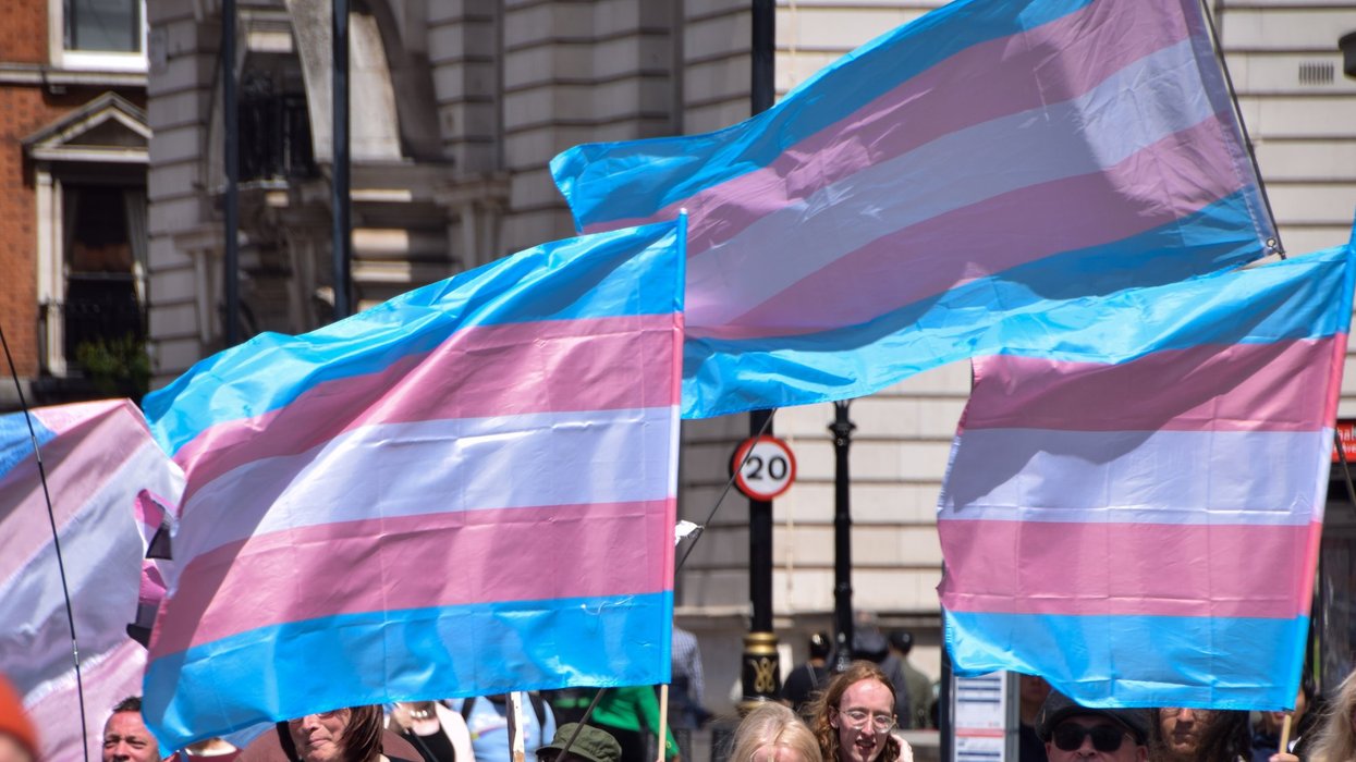 Trans flags at a pro-trans march along Whitehall