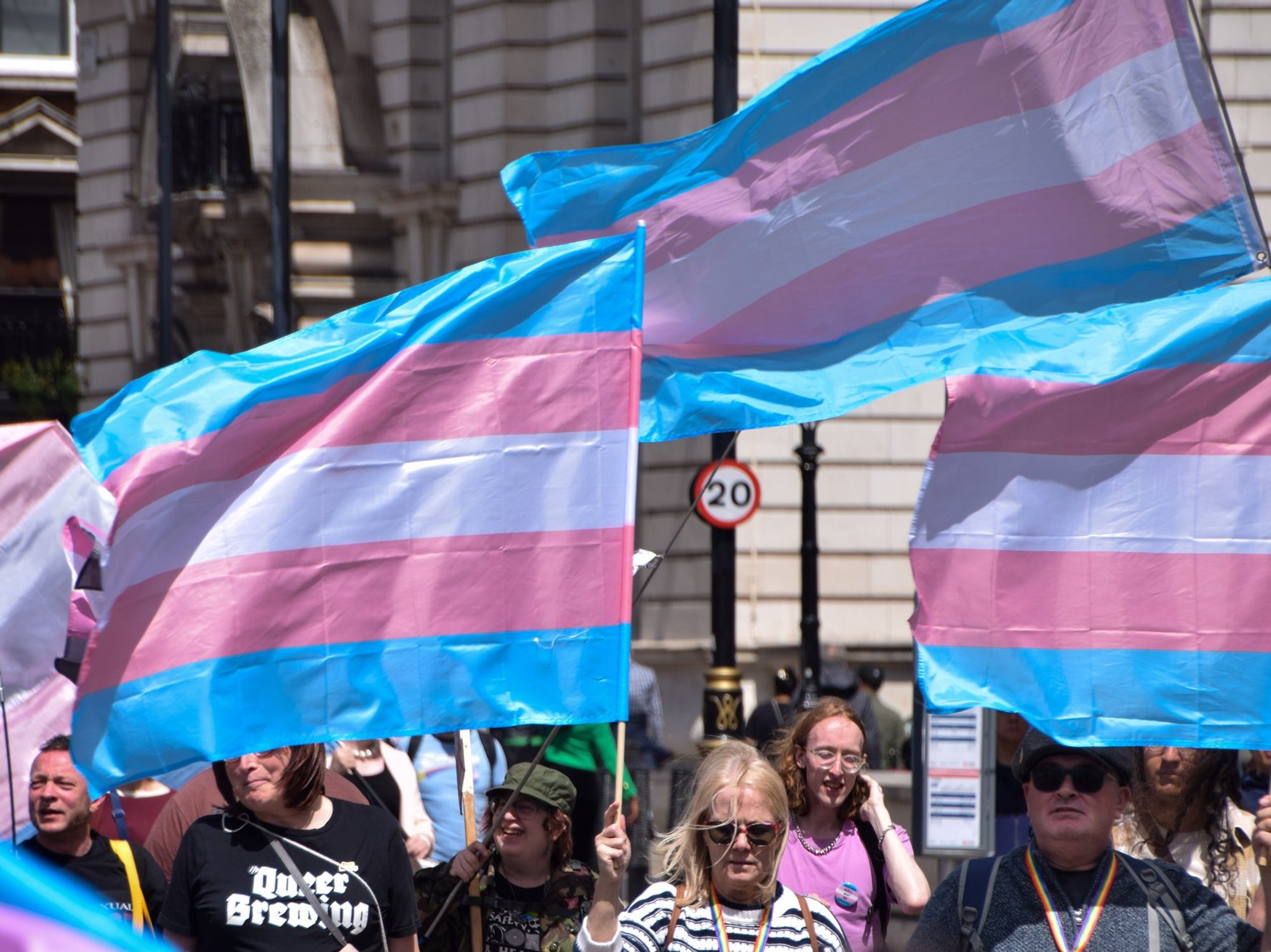 Trans flags at a pro-trans march along Whitehall