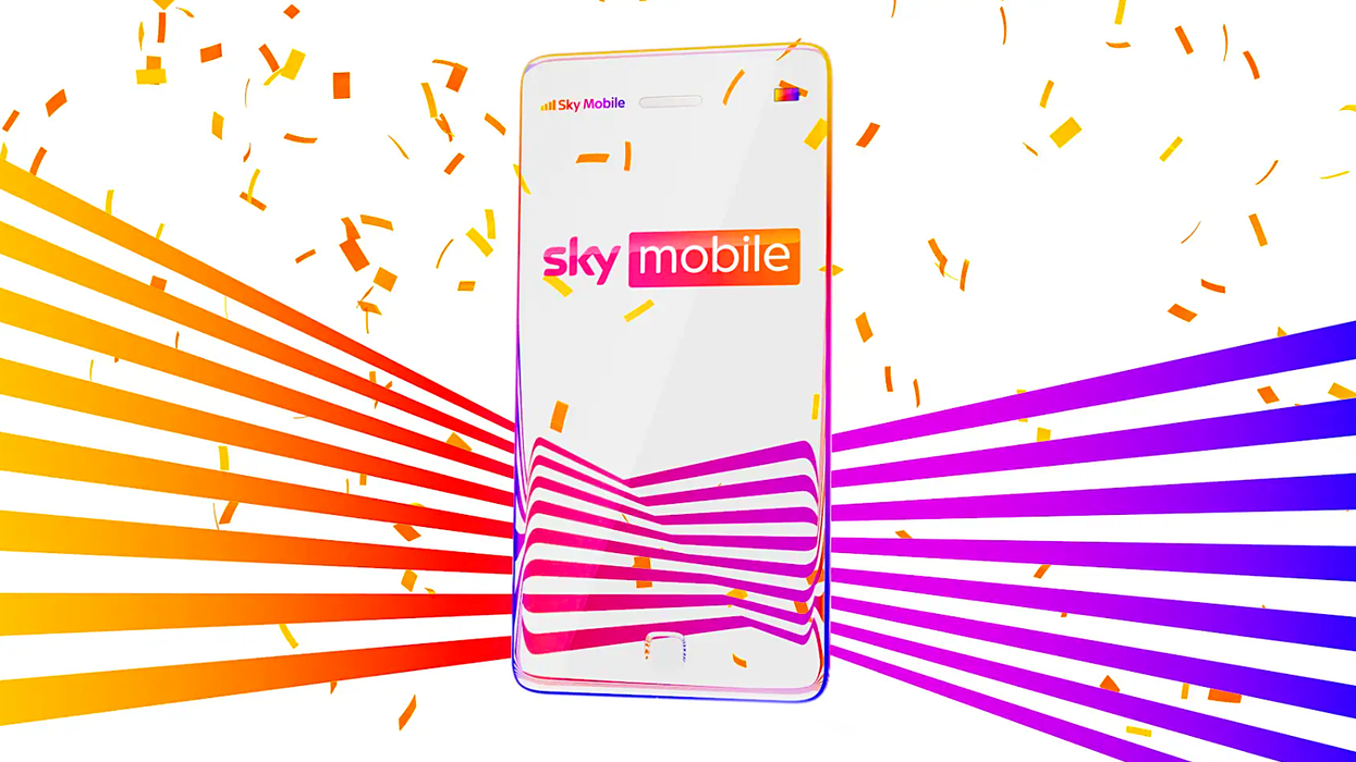 transparent mobile phone with confetti and sky mobile logo