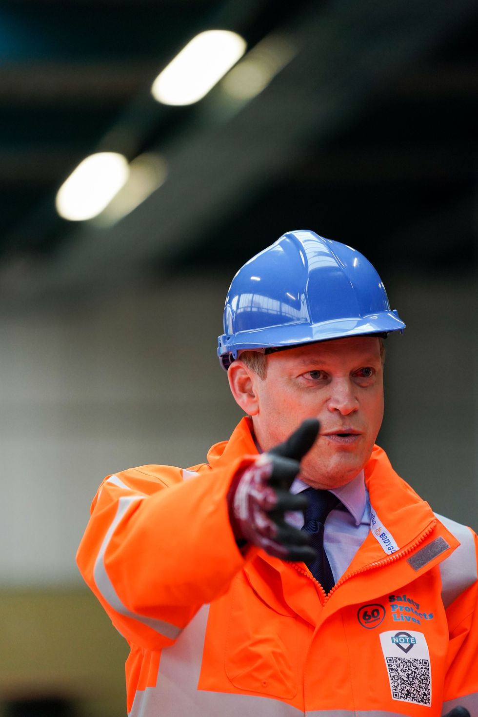 Transport Secretary Grant Shapps during a visit to the Leicester hub of Network Rail contractors SPL to see wiring gantries being built. Picture date: Monday December 20, 2021.